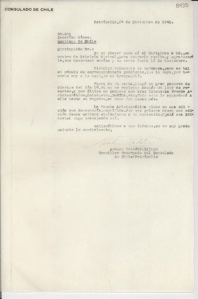 [Carta] 1945 dic. 24, Petrópolis [a] Zacarías Gómez, Santiago de Chile