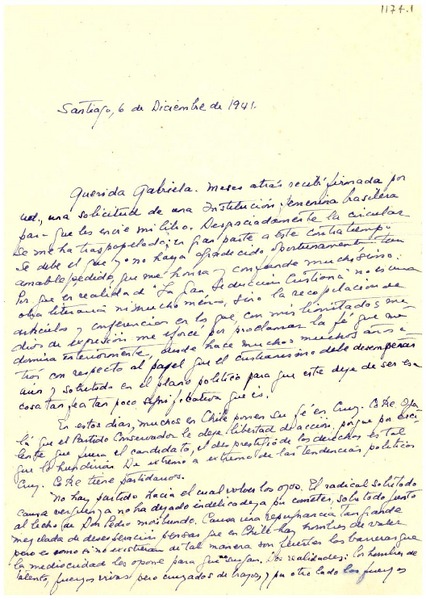 [Carta] 1941 dic. 6, Santiago [a] Gabriela Mistral