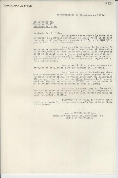[Carta] 1945 dic. 24, Petrópolis [a] Norberto Pinilla, Santiago de Chile