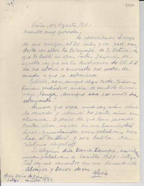 [Carta] 1951 ago. 20, Viña del Mar, [Chile] [a] [Gabriela Mistral]