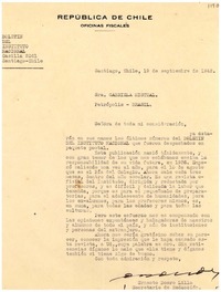 [Carta] 1942 sept. 19, Santiago, Chile [a] Gabriela Mistral, Petrópolis, Brasil