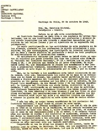 [Carta] 1942 oct. 29, Santiago, Chile [a] Gabriela Mistral, Petrópolis, Brasil