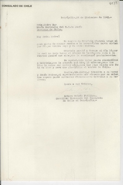 [Carta] 1945 dic. 24, Petrópolis [a] Rvda. Madre Sor María Gertrudis del S. C. de Jesús, Santiago de Chile