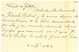 [Tarjeta] 1942 sept. 1, Santiago, Chile [a] Gabriela Mistral