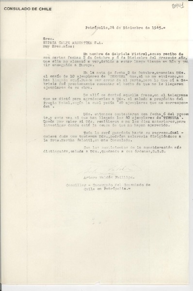 [Carta] 1945 dic. 24, Petrópolis [a] Espasa Calpe Argentina S. A.