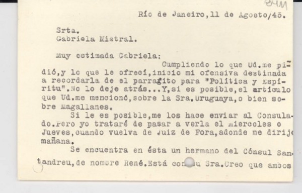 [Tarjeta] 1945 ago. 11, Río de Janeiro, [Brasil] [a] Gabriela Mistral