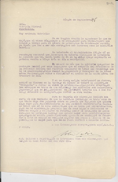 [Carta] 1945 sept. 24, Rio, [Brasil] [a] Gabriela Mistral, Petrópolis, [Brasil]