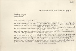 [Carta] 1945 nov. 30, Petrópolis, [Brasil] [a] Domingo Rojas, Barbacena, [Brasil]