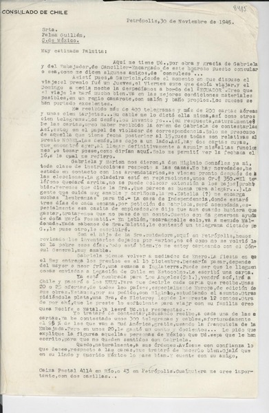 [Carta] 1945 nov. 30, Petrópolis, Brasil [a] Palma Guillén, C[iudad] de México, [México]
