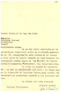 [Carta] 1942 mayo. 10, Puerto Mont [a] Gabriela Mistral, Petrópolis