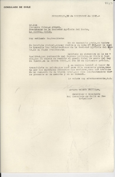 [Carta] 1945 nov. 30, Petrópolis, [Brasil] [a] Fernando Illanes Abbott, La Serena, Chile