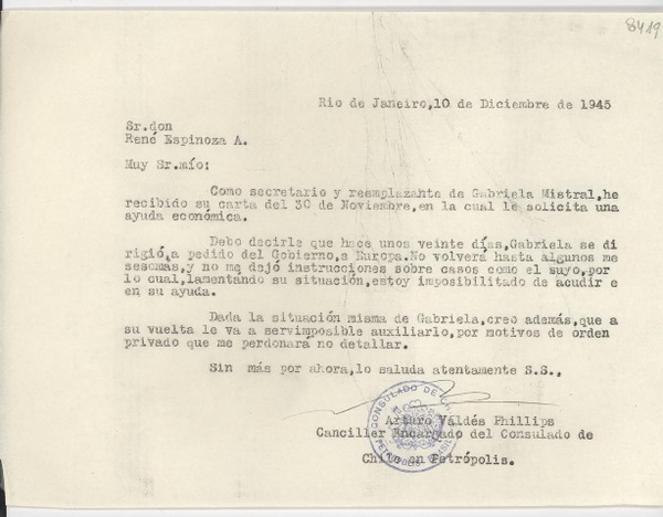 [Carta] 1945 dic. 10, Rio de Janeiro, [Brasil] [a] René Espinoza A.
