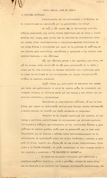 [Carta] 1938 may., Punta Arenas [a] Gabriela Mistral