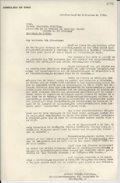 [Carta] 1945 dic. 8, Petrópolis [a] Rebeca Izquierdo Phillips, Directora de la Escuela de Servicio Social "Elvira M. de Cruchaga", Santiago de Chile