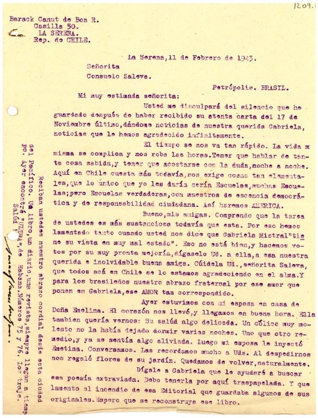 [Carta] 1943 feb. 11, La Serena [a] Consuelo Saleva, Petrópolis