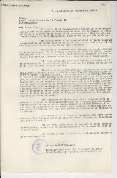 [Carta] 1946 feb. 22, Petrópolis [a] Argus International de la Presse SA, Ginebra, Suiza