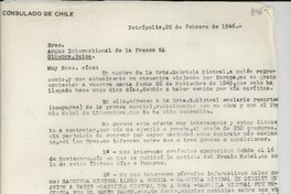 [Carta] 1946 feb. 22, Petrópolis [a] Argus International de la Presse SA, Ginebra, Suiza