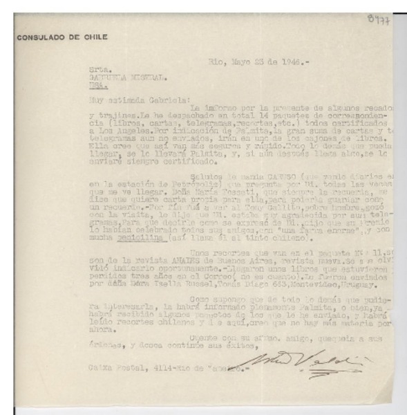 [Carta] 1946 mayo 23, Rio [de Janeiro], [Brasil] [a] Gabriela Mistral, [EE.UU.]