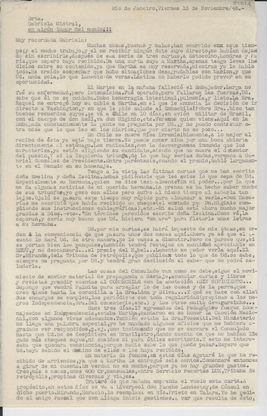 [Carta] 1946 nov. 15, Rio de Janeiro, [Brasil] [a] Gabriela Mistral, en algún lugar del mundo