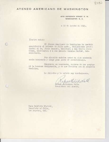 [Carta] 1949 ago. 10, [Washington D. C., EE.UU.] [a] Gabriela Mistral, Los Angeles, Cal[ifornia], [EE.UU.]