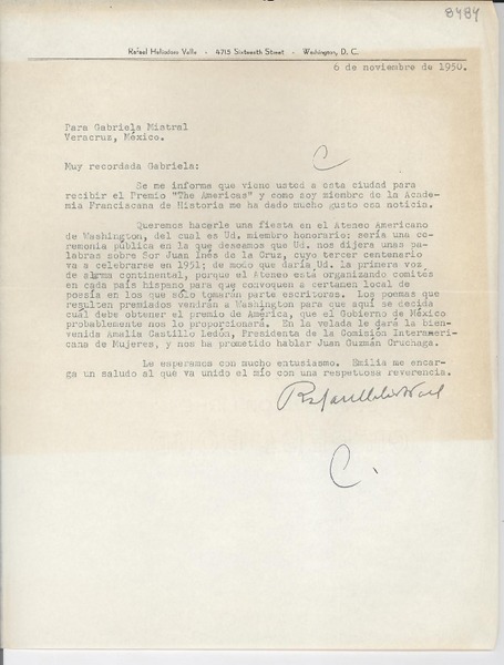 [Carta] 1950 nov. 6, [Washington D. C., EE.UU.] [a] Gabriela Mistral, Veracruz, México