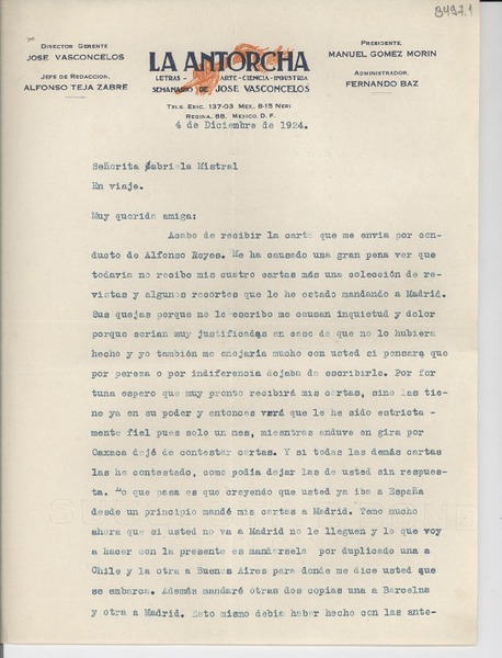 [Carta] 1924 dic. 4, [México D. F.] [a] Gabriela Mistral