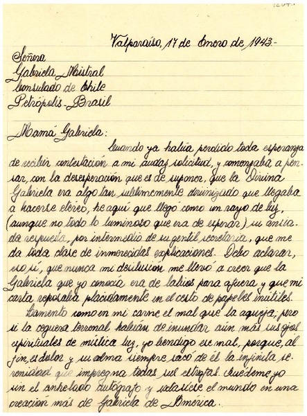 [Carta] 1943 ene. 17, Valparaíso, Chile [a] Gabriela Mistral, Petrópolis, Brasil