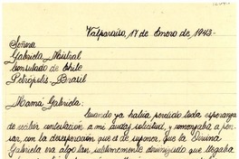 [Carta] 1943 ene. 17, Valparaíso, Chile [a] Gabriela Mistral, Petrópolis, Brasil