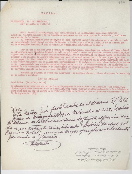 [Carta] [1945?], [Guayaquil], [Ecuador] [a] [Gabriela Mistral]