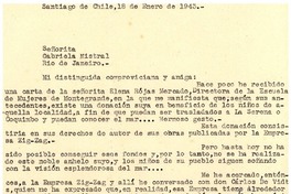 [Carta] 1943 ene. 18, Santiago, Chile [a] Gabriela Mistral, Río de Janeiro, Brasil