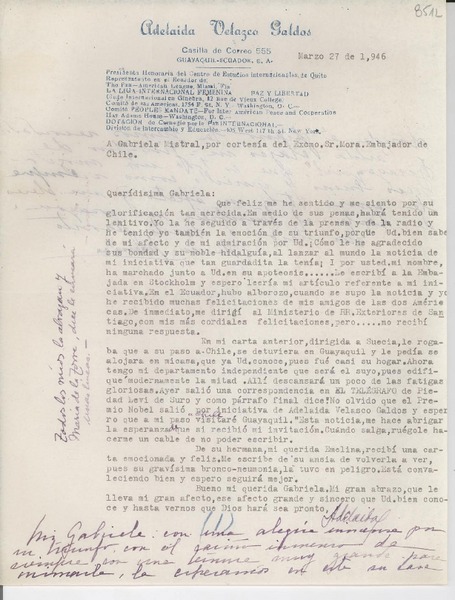 [Carta] 1946 mar. 27, [Guayaquil], [Ecuador] [a] Gabriela Mistral