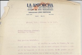 [Carta] 1925 feb. 14, México D. F. [a] Gabriela Mistral, Santiago de Chile