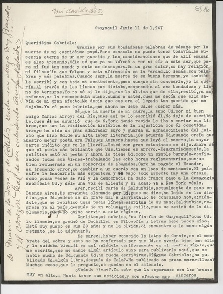 [Carta] 1947 jun. 11, Guayaquil, [Ecuador] [a] Gabriela [Mistral]