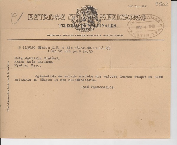 [Telegrama] 1948 dic. 4, México D. F. [a] Gabriela Mistral, Hotel Ruíz Galindo, Fortín, Veracruz