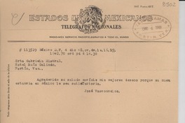 [Telegrama] 1948 dic. 4, México D. F. [a] Gabriela Mistral, Hotel Ruíz Galindo, Fortín, Veracruz