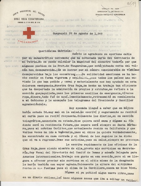 [Carta] 1949 ago. 20, Guayaquil, [Ecuador] [a] Gabriela [Mistral]