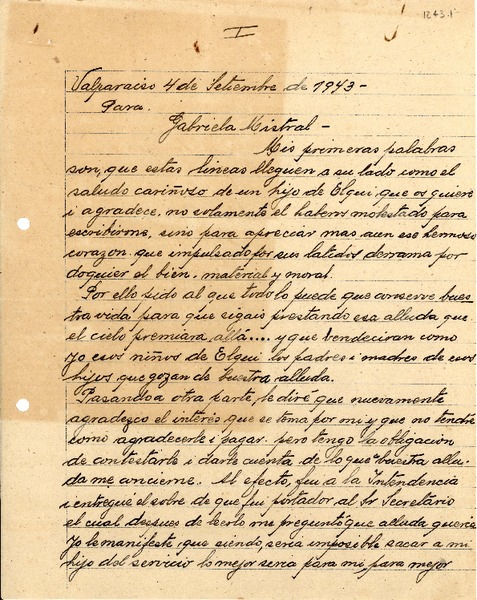[Carta] 1943 set. 4, Valparaíso, Chile [a] Gabriela Mistral