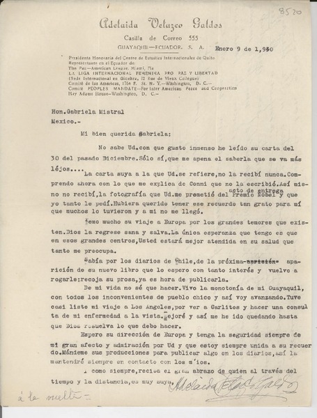 [Carta] 1950 ene. 9, Guayaquil, Ecuador [a] Gabriela Mistral, México