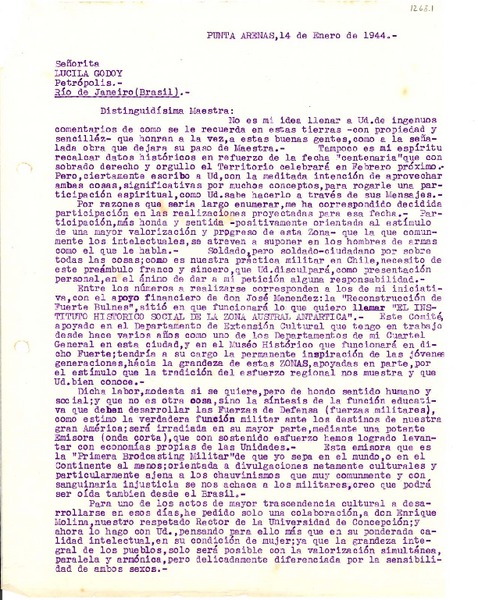 [Carta] 1944 ene. 14, Punta Arenas, Chile [a] Lucila Godoy, Petrópolis, Río de Janeiro, Brasil