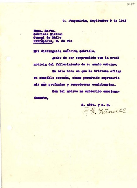 [Carta] 1943 sep. 9, Itapamerin, Brasil [a] Gabriela Mistral, Petrópolis, Brasil