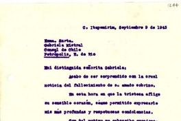 [Carta] 1943 sep. 9, Itapamerin, Brasil [a] Gabriela Mistral, Petrópolis, Brasil