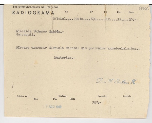 [Telegrama] 1943 ago. 13, Guayaquil [a] Gabriela Mistral