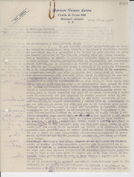 [Carta] 1944 abr. 1, [Guayaquil, Ecuador] [a] Gabriela Mistral, Petrópolis, Brasil