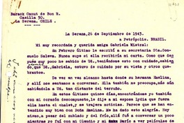 [Carta] 1943 sep. 26, La Serena, Chile [a] Gabriela Mistral, Petrópolis, Brasil