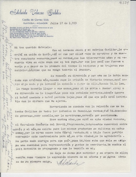 [Carta] 1953 jul. 17, Guayaquil, Ecuador [a] Gabriela [Mistral]