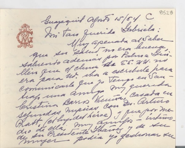 [Carta] 1954 ago. 15, Guayaquil, [Ecuador] [a] Gabriela [Mistral]