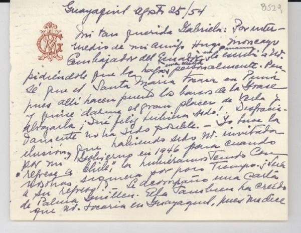 [Carta] 1954 ago. 25, Guayaquil, [Ecuador] [a] Gabriela [Mistral]