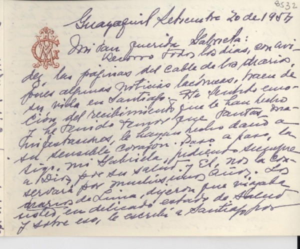 [Carta] 1954 sept. 20, Guayaquil, [Ecuador] [a] Gabriela [Mistral]