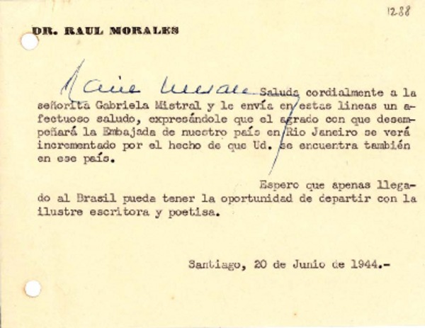 [Tarjeta] 1944 jun. 20, Santiago [a] Gabriela Mistral