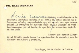 [Tarjeta] 1944 jun. 20, Santiago [a] Gabriela Mistral